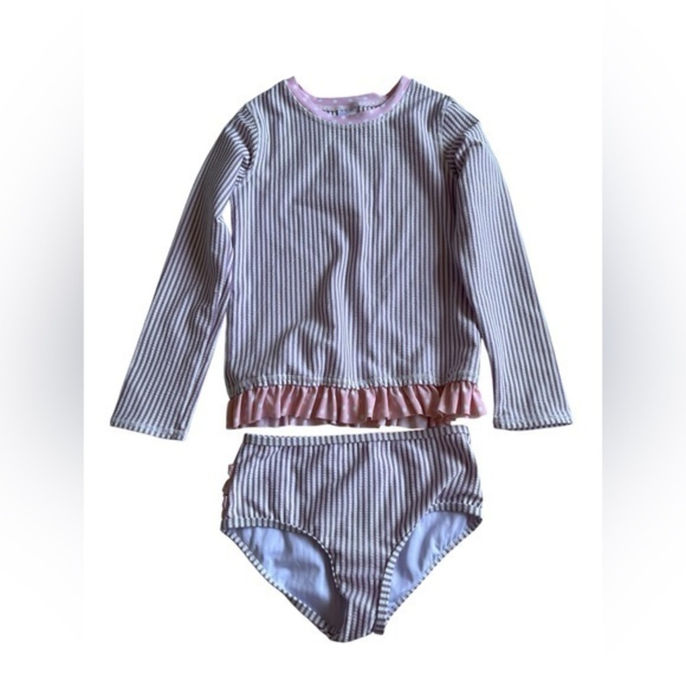 Ruffle Butts Pink and White Rashguard Swim Set